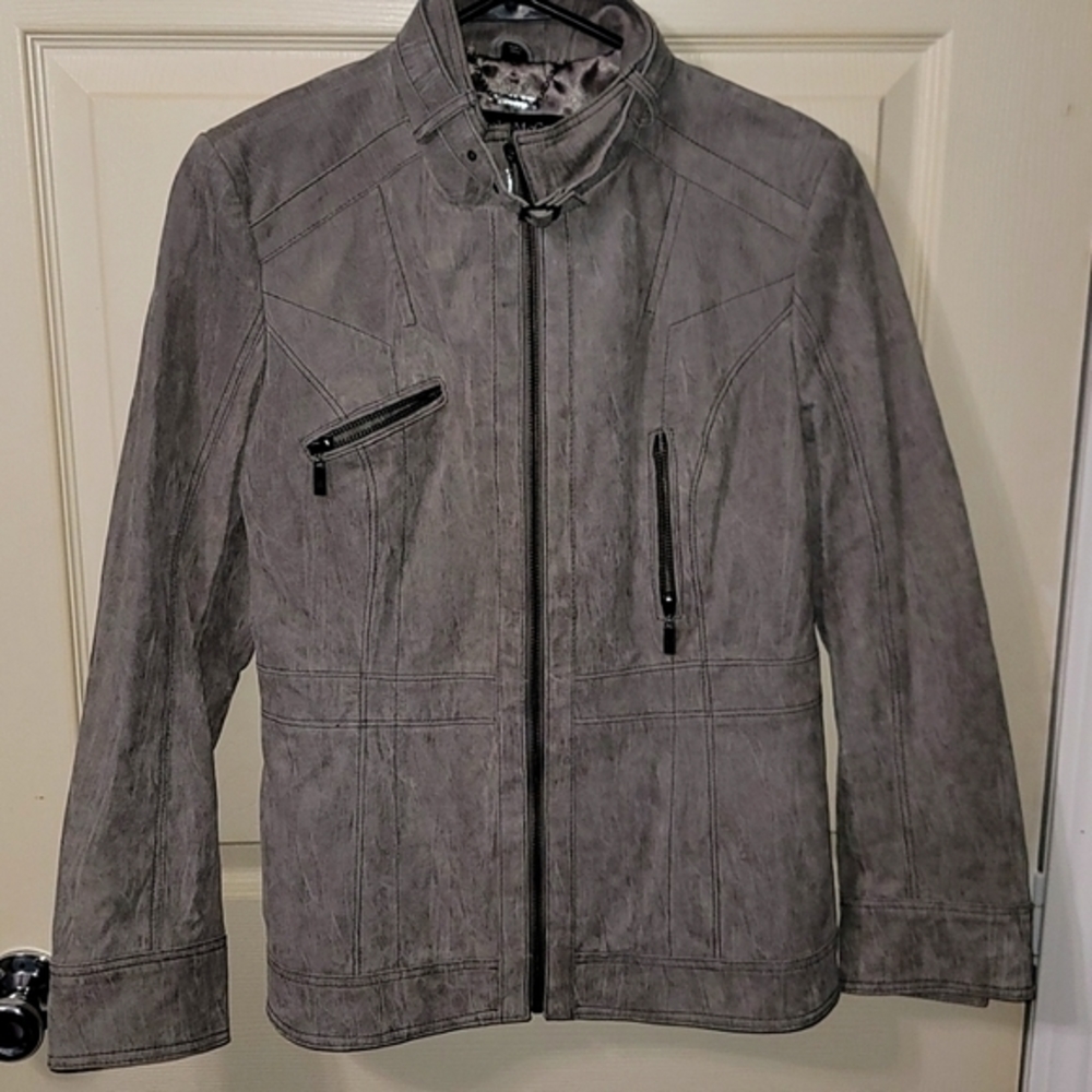 Pamela Mccoy Distressed Grey Genuine Leather Dog Collar Jacket. Women's‎ (S)